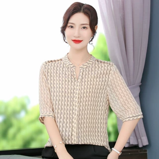 妈妈夏装洋气雪纺七分袖宽松小衫2023新款中老年遮肚气质减龄上衣