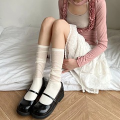 Spring and Summer Stitched Solid Color Crew Socks for Women, Milky White miu Style, Ins Trendy Socks, Ultra-Thin, Sheer, Japanese Style, Long Leg Socks