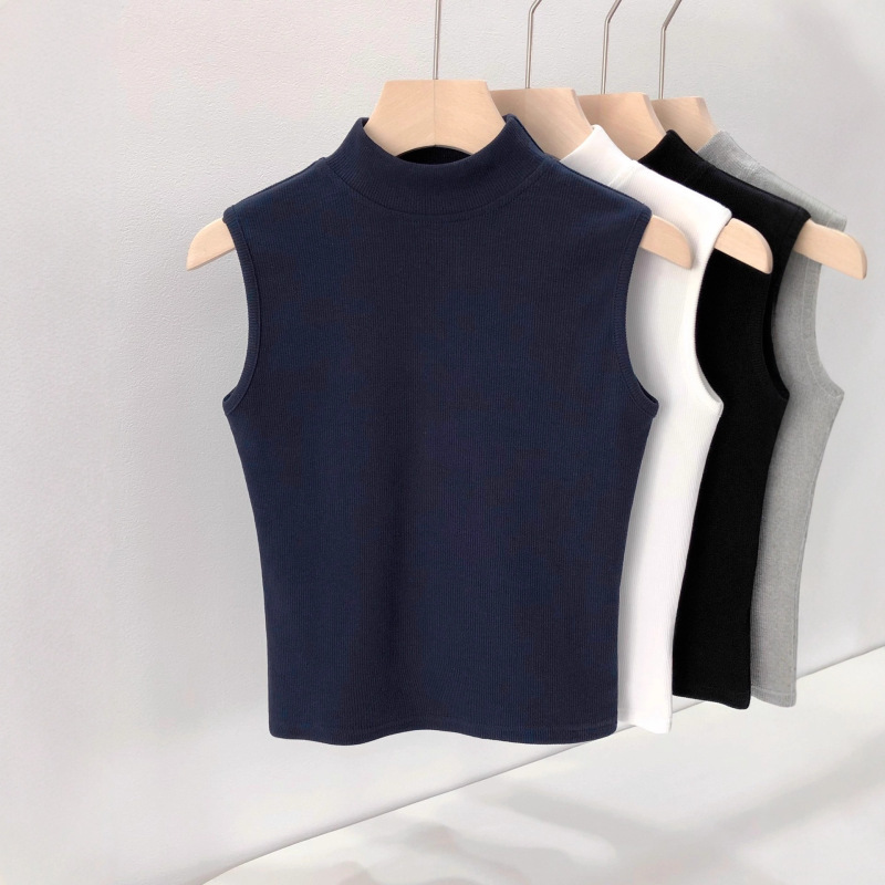 Elegant Half-High Collar Sleeveless Vest for Women, Short Style, Early Autumn 2025 New Slim Fit Ribbed T-Shirt Top for Layering or Outerwear