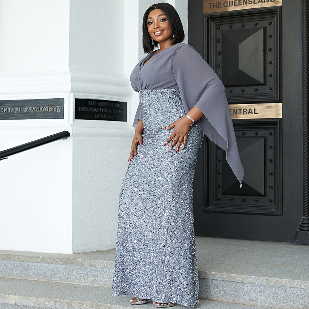 GraceChic Cross-Border European And American Plus Size Elegant Sexy Pailletten V-Ausschnitt Langarm Abendkleid für Brautjungfern_voghion.com