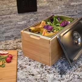木制厨房台面堆肥箱可拆卸不锈钢盆带盖收纳箱方形蔬菜水果储物箱