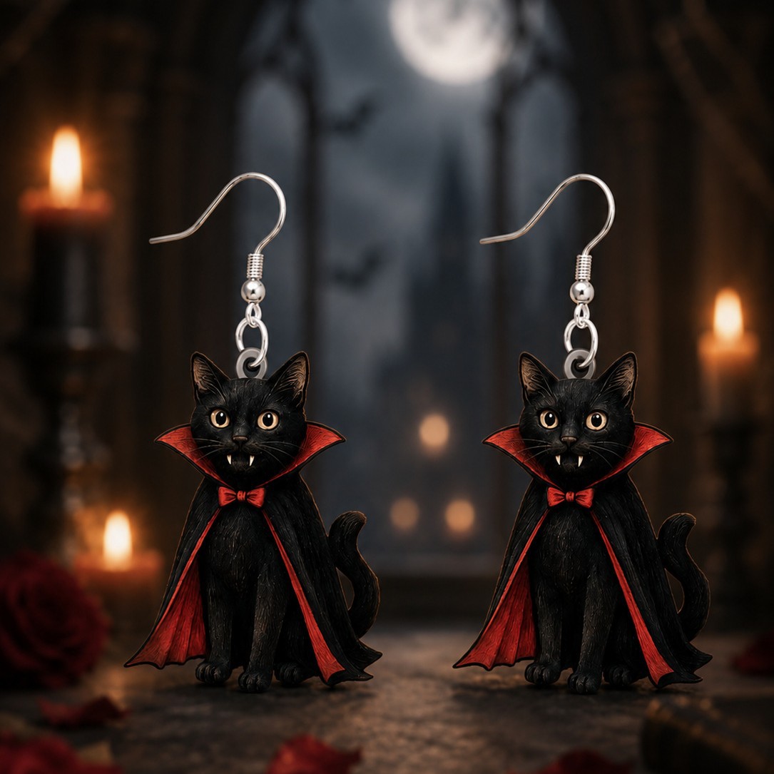 Cross-Border Hot-Selling Vampire Black Dracula Kitten 2D Acrylic Earrings Creative Small Animal Earrings Gift