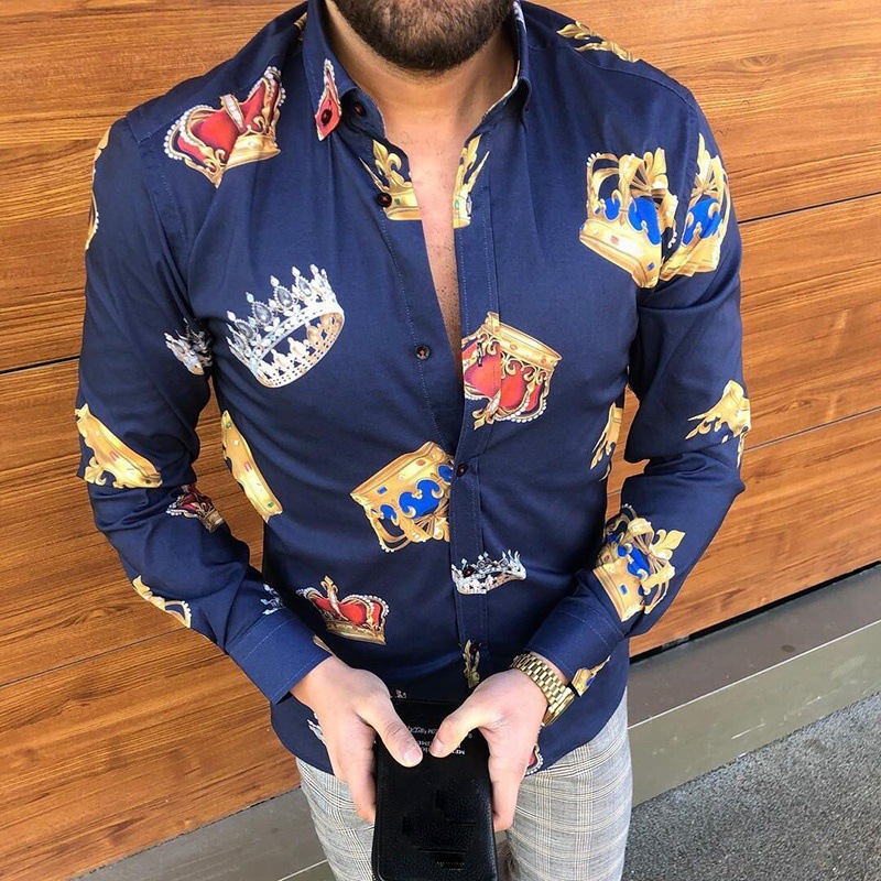 Comercio exterior 2023 primavera nuevos hombres gradiente de impresión digital solapa camisa de manga larga camisa casual de los hombres