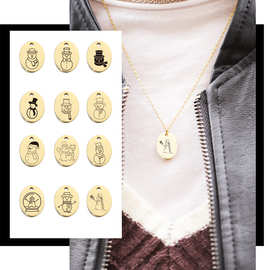 外贸新品情侣闺蜜简约时尚项链镜面不锈钢椭圆激光雪人圣诞节吊坠