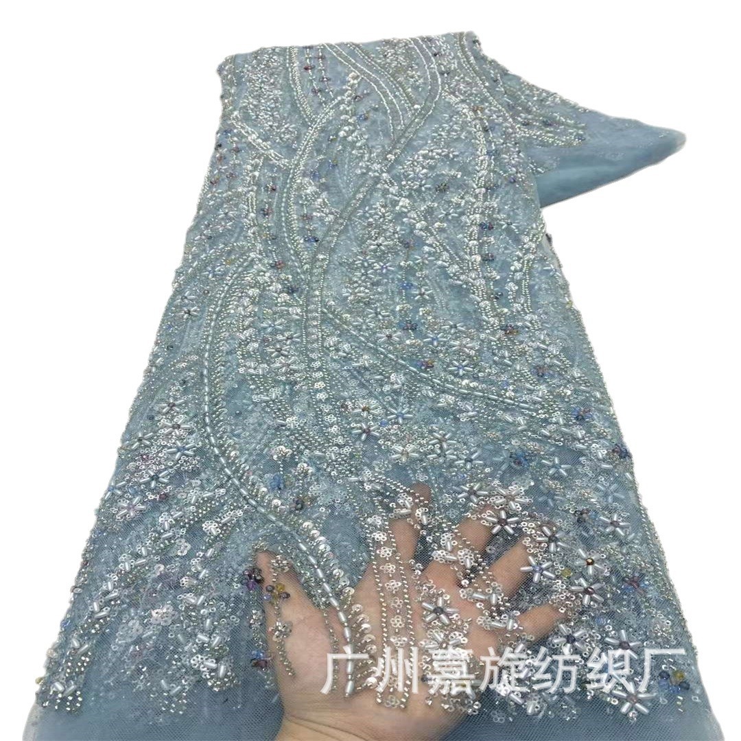 Tejido de bordado de tubo de perlas africanas azules oscuras encaje hecho a mano perlas industria pesada vestido de boda espectáculo vestido vestido de escenario tela bordada image 6