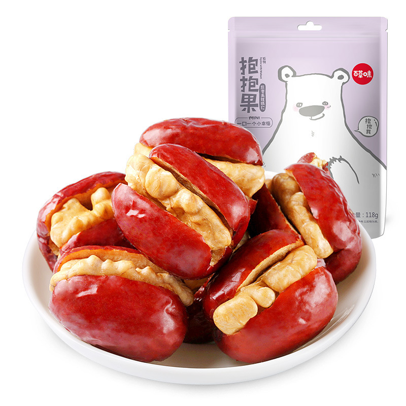 百草味抱抱果118g整箱24包灰枣夹核桃果干坚果休闲零食批发红枣