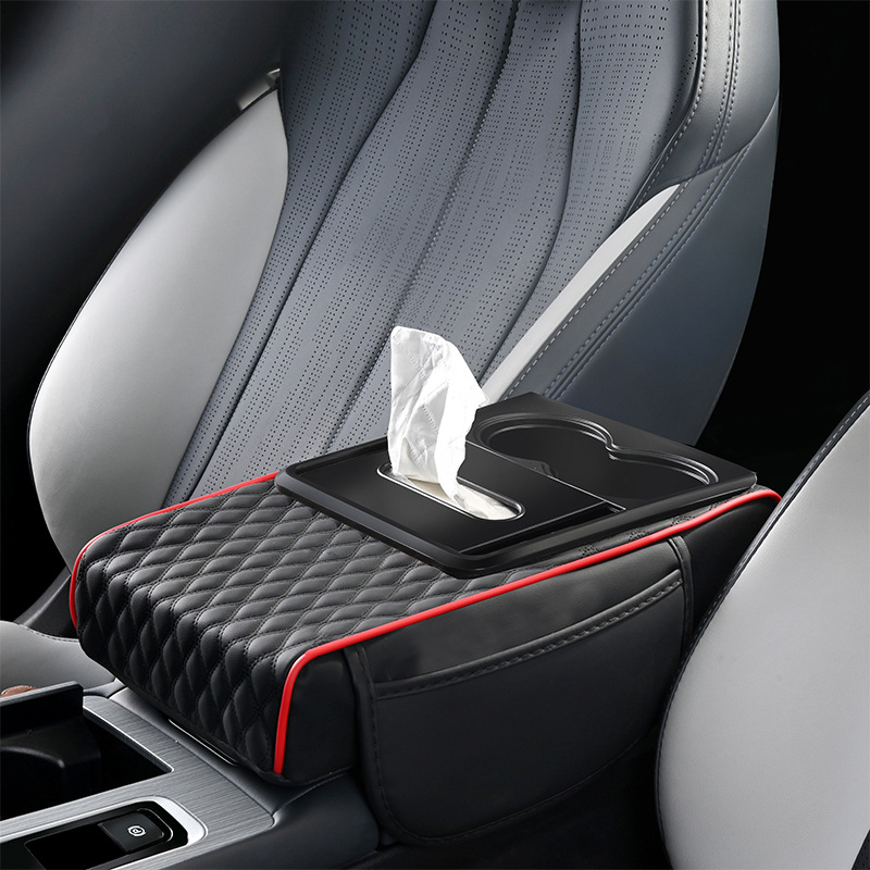 Universal 2025 Universal Car Center Console Pad Elbow Support with Tissue Cup Holder (Armrest box pad) - red-carbon-fiber