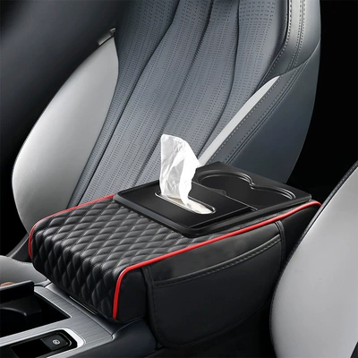 2025 General Motors Central Armrest Pad Elbow Support Booster Pad with Tissue Holder and Cup Holder, Storage Armrest Box, Non-Slip (Armrest box pad) - black-red-line