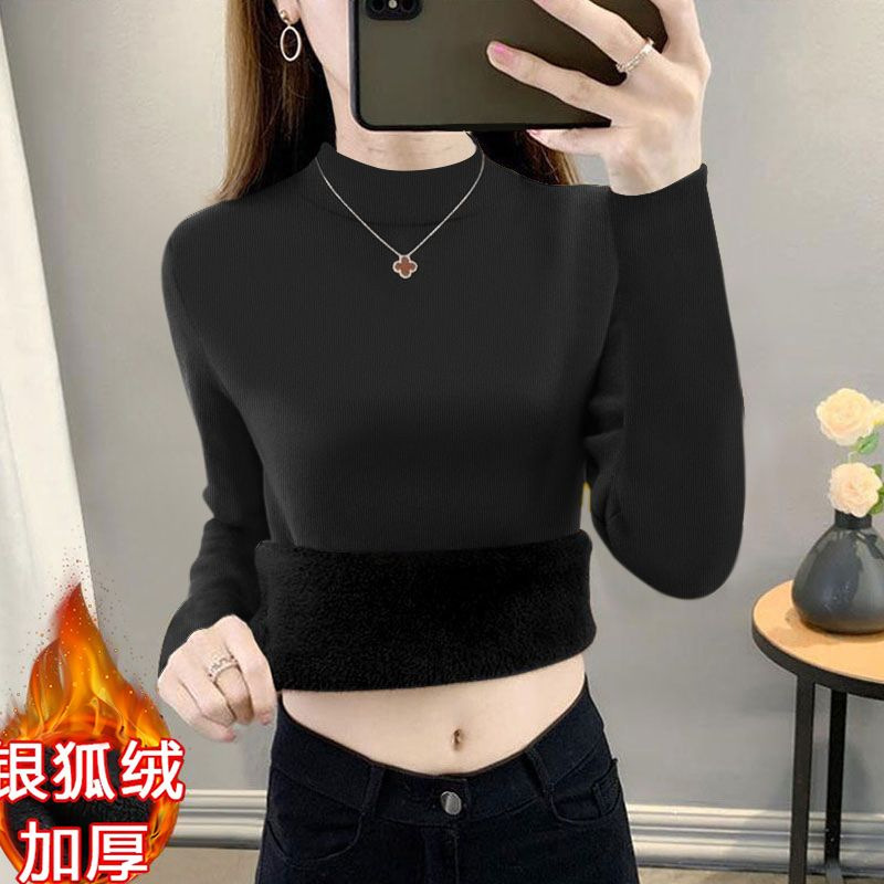 Thickened Silver Fox Velvet One-Piece Velvet Bottoming Shirt for Women in Autumn and Winter Fleece-Lined Warm Inner Half Turtleneck Long-Sleeved Versatile Top