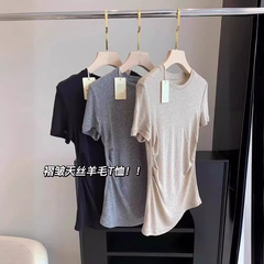 プリーツウールテンセル半袖Tシャツレディース夏薄手痩身ウエスト不規則Tシャツスリムマスクトップ