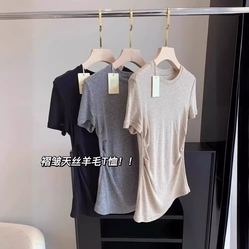 Pleated Wool Tencel Short-Sleeved T-Shirt for Women Summer Thin Slimming Look Waist Asymmetrical T-Shirt Slimming Look Mask Top