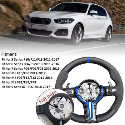 Steering wheel — leather, suede, carbon fiber - semi-suede-with-blue-leather-straight-carbon-fiber-blue-fork-black-buttons-long-paddle-shifters-flat-mouth