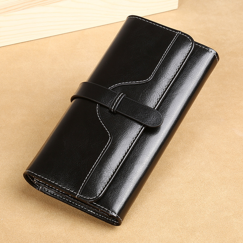 Cartera Cartera larga de cuero para mujer Moda Cartera triple para niñas Clip largo Monedero retro de alta gama
