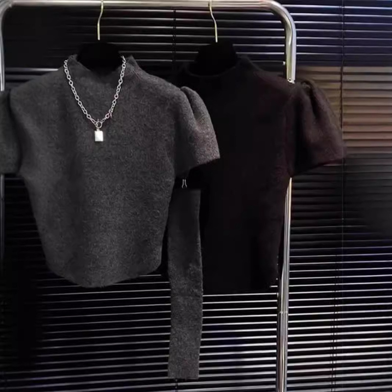 Sweater with Detachable Two-Section Sleeves, Split Top for Women, Spring and Autumn Half-High Collar, Puff Sleeve Knitted Base Shirt