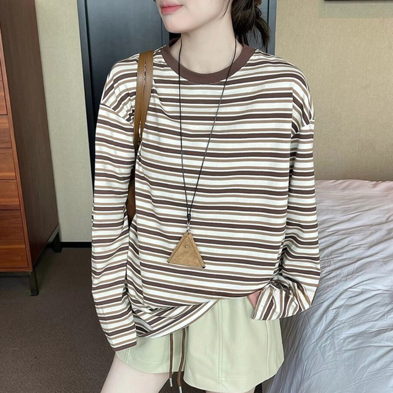 重磅洗水撞色条纹长袖T恤女装早秋休闲宽松打底衫慵懒松弛感上衣