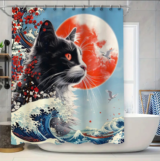 Divertida cortina de baño valiente gato sostiene tridente flecha montar tiburones en las olas ballenas gatos cortina de baño conjunto baño