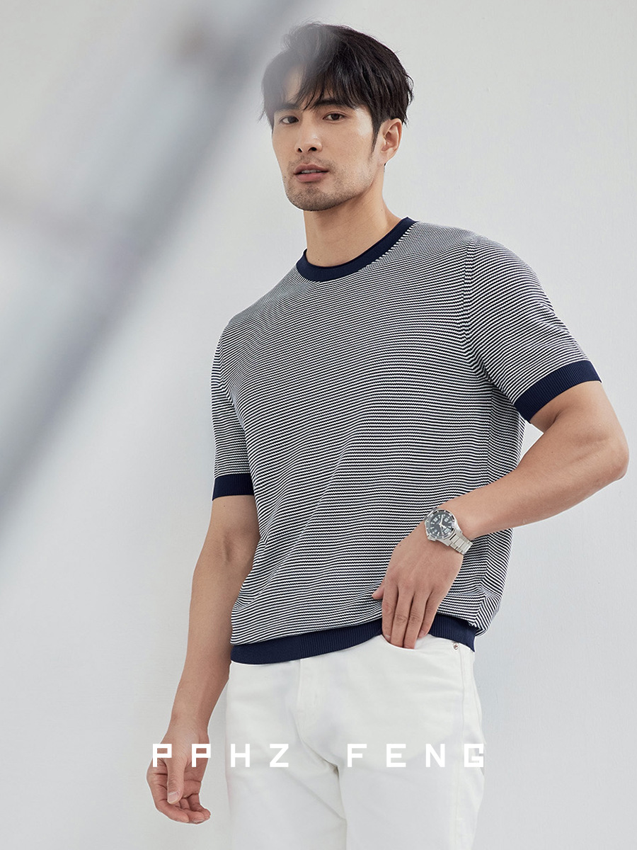 高級紳士半袖2024新型ポロシャツ男性ストライプ通勤日常百円襟折りニットtシャツ