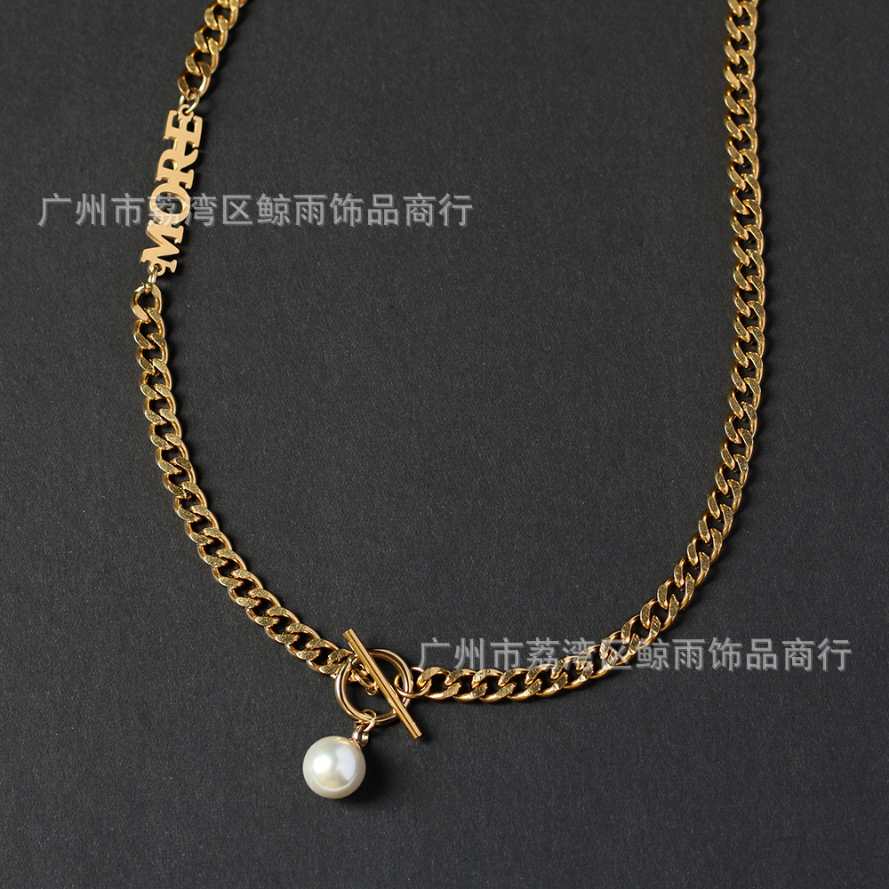 Xl067 OT Buckle Letters More Artificial Pearl Chain Chain Necklace Clavicle Chain Titanium Steel Gold Plated Color Retainingpicture4