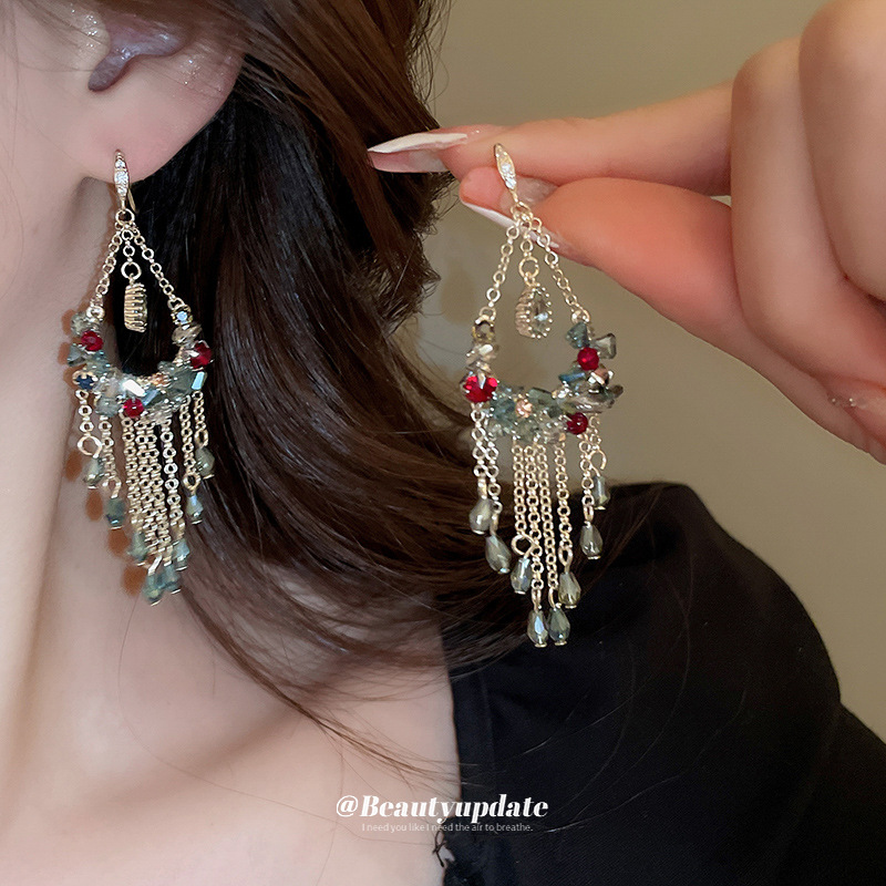 Pendientes de borla de cuentas de vidrio con gotas de agua de diamantes llenos Pendientes de temperamento retro bohemio Pendientes de personalidad de moda exagerada mujer