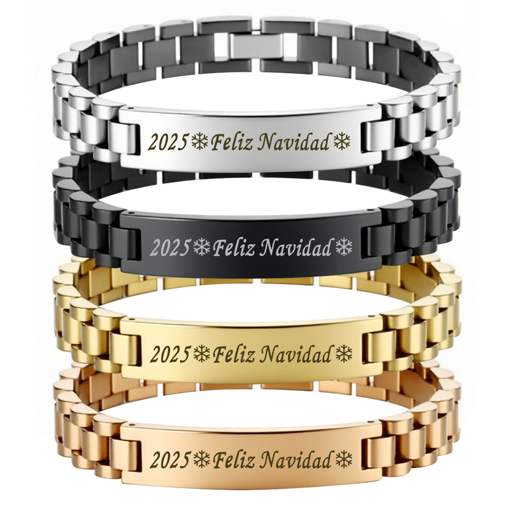 跨境时尚个性不锈钢男士手表链圣诞节快乐long调节手表链配饰批发