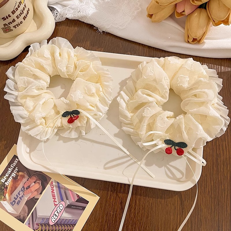 Embroidered Cherry Scrunchie With Lace Tie For Hair Accessory_voghion.com