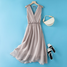 温柔风度假旅游海边仙女长裙 真丝桑蚕丝V领连衣裙女夏 直播供货