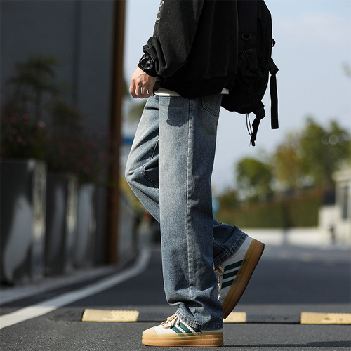 2025 straight leg jeans for men's autumn and winter new style velvet loose pants for high street boys with wide legs