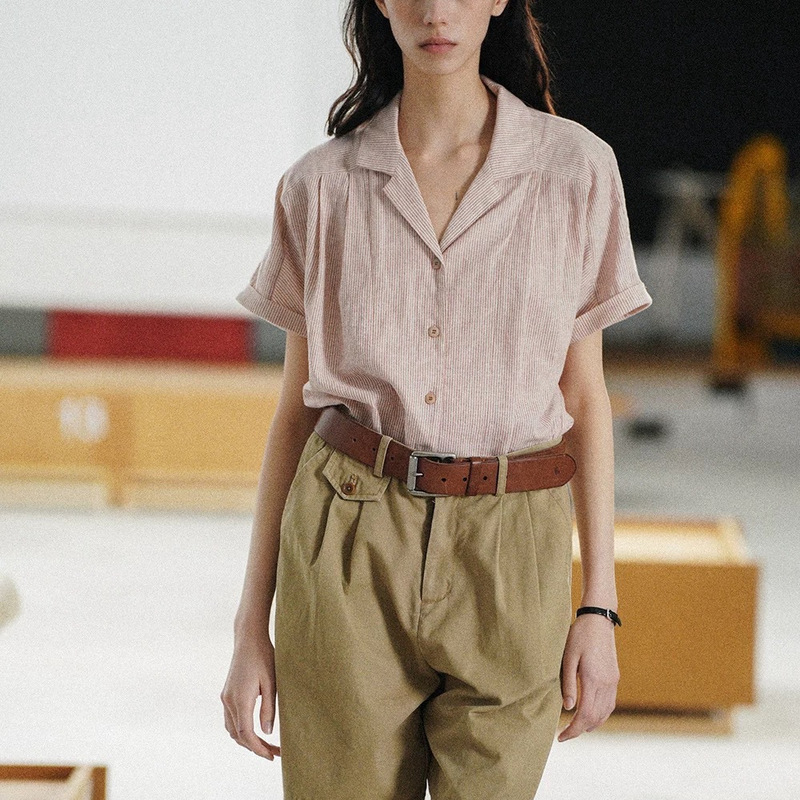 Cycledoncoument High-Density Organic Cotton Raglan Rolled Cuff Sleeves Cuban Collar Striped Short-Sleeve Shirt for Women