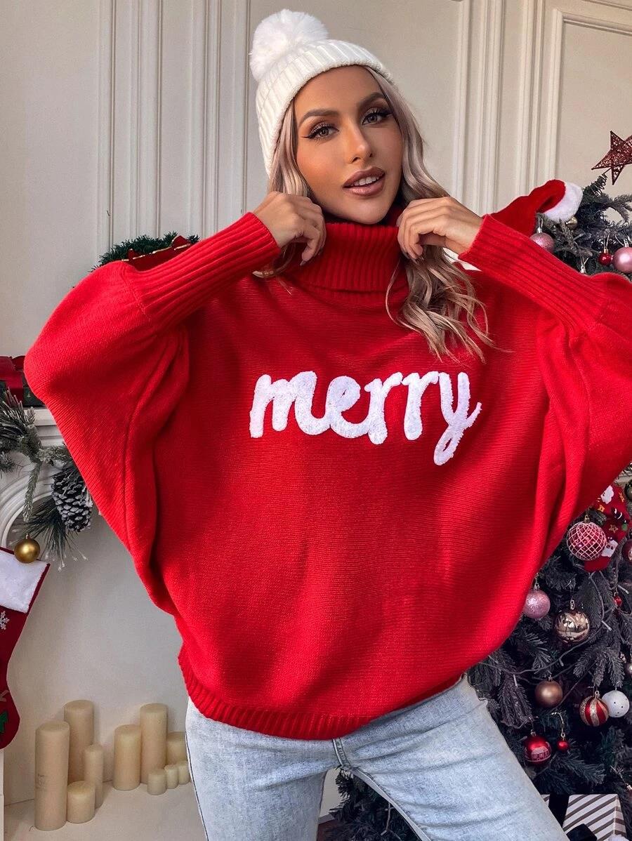 350g Weight Long Sleeve Sleeve Length Pullovers Placket Type Batwing Sleeve Sleeve Type Polyester, Polyacrylonitrile Fiber Fabric Type Long Top Length Sweater Tops Type Daily Occasion Turtleneck Neckline Loose Fit Type Christmas Festival Letter Pattern Winter, Autumn Season Women's Gender Embroidery Design Streetwear Style Wholesale Women's Streetwear Letter Long Sleeve Embroidery Sweaters & Cardigans 4