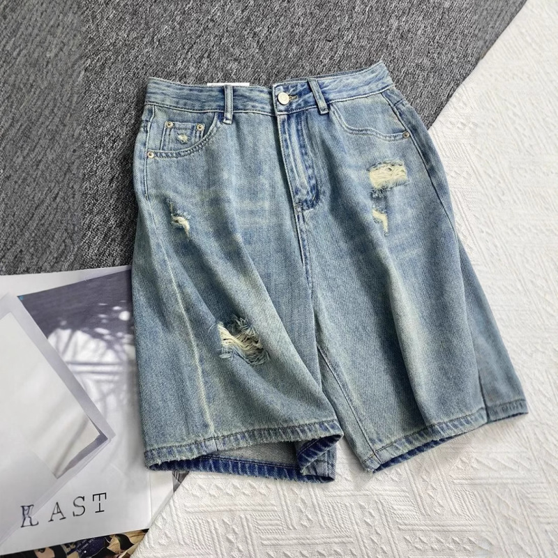 メンズ夏用リップドデニムショートパンツ、薄手アメリカントレンドルーズストレートパンツ、日本トレンドブランドハイストリート5点パンツ|undefined