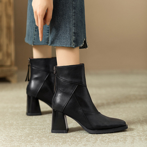 Rough short boots for women, high-heeled winter brown slim boots, British style retro Martin boots