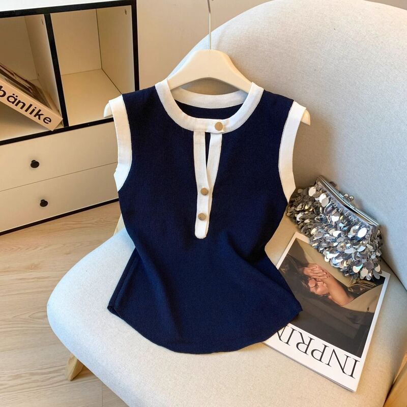 Retro Hong Kong Style Color-Blocked Round Neck Sleeveless Camisole, New Summer Style Sweet and Spicy Slim-Fit Button-Up Top