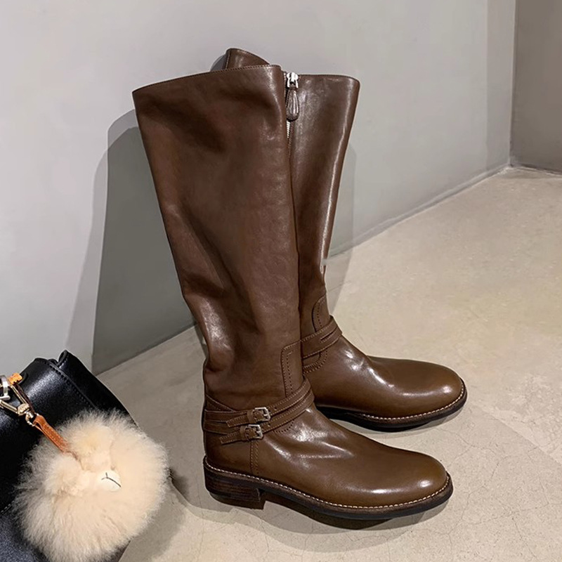 Grape Mom otoño e invierno nuevo ~ Doble hebilla con cabeza redonda pero botas altas con cremallera lateral en la rodilla botas de caballero de tacón grueso mujeres