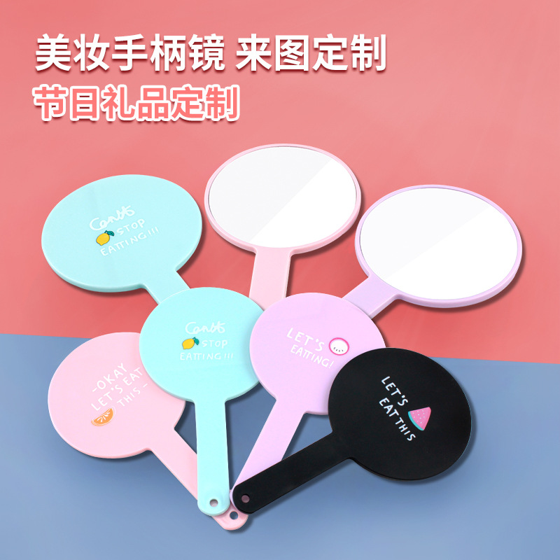 Mango espejo publicidad espejo de maquillaje plástico lindo redondo cuadrado regalo portátil espejo de maquillaje de mano