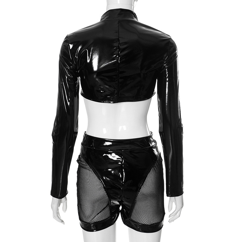 Women Clothing Faux Leather Mirror Skin Sexy Zipper Short Top Hollow Out Cutout Sheath Shorts Suit