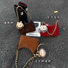 磨砂真皮月牙包腋下包女高级感时尚链条包复古麂皮绒斜挎包手拎包