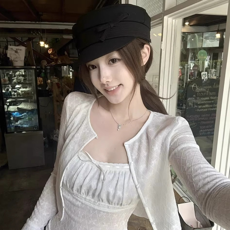 Bankelili'Lace Soft Dream' Early Spring Stretch Lace Jacquard Cardigan/Strap Top Two-Piece Set for Women