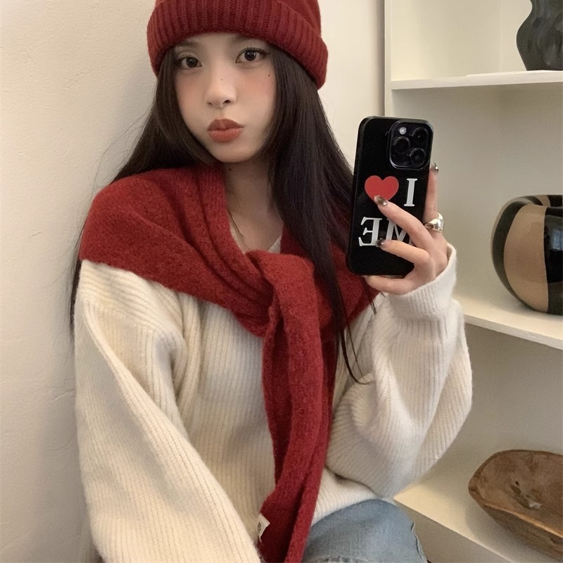 简约软糯奶白百搭毛线三角披肩女秋冬新款高级感加厚保暖护颈围巾|undefined