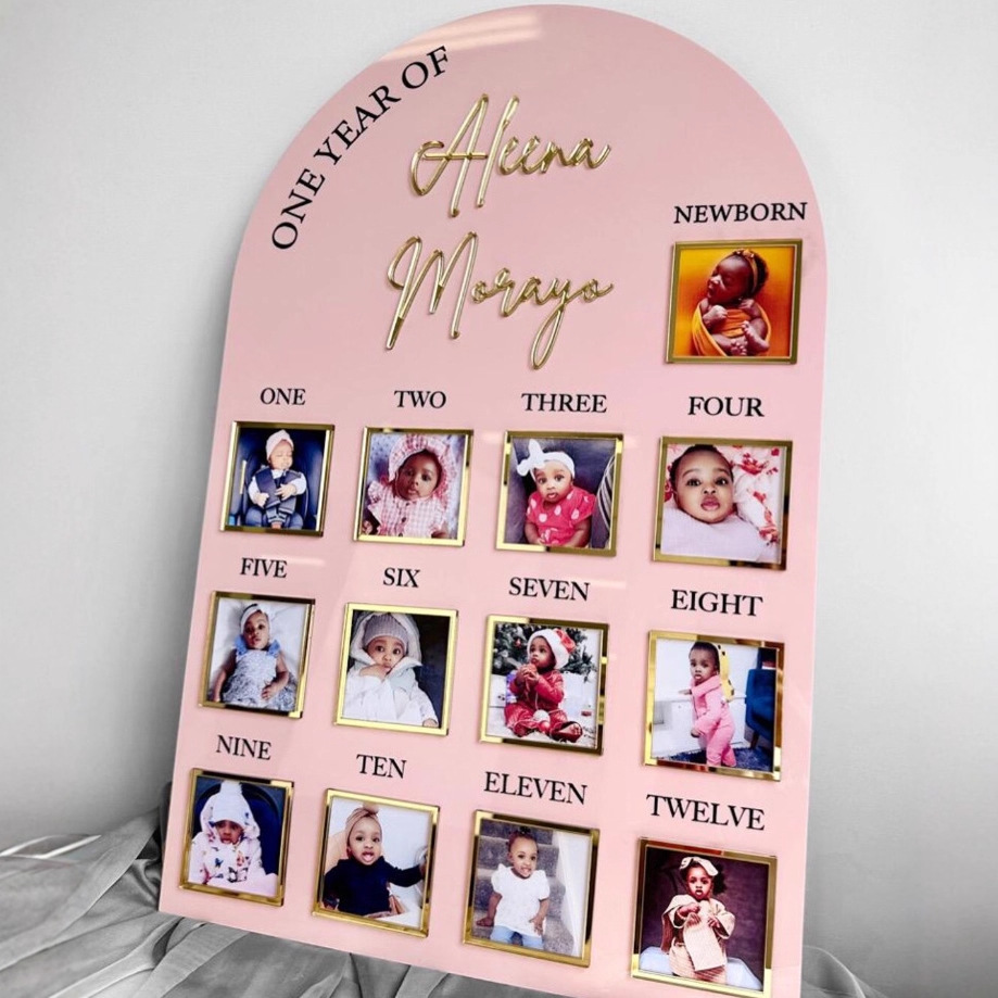 Hito de un primer año de cumpleaños tablero de fotos, lenguaje de señas de un año de bebé, tablero de hito, tarjeta de cumpleaños personalizada de un año