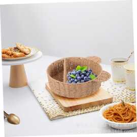 手工藤编圆形收纳筐卧化妆品零食杂物收纳架可爱猫耳朵水果收纳篮