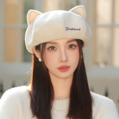 韩系复古可爱猫耳朵贝雷帽春秋新款休闲百搭画家帽防风保暖帽子女