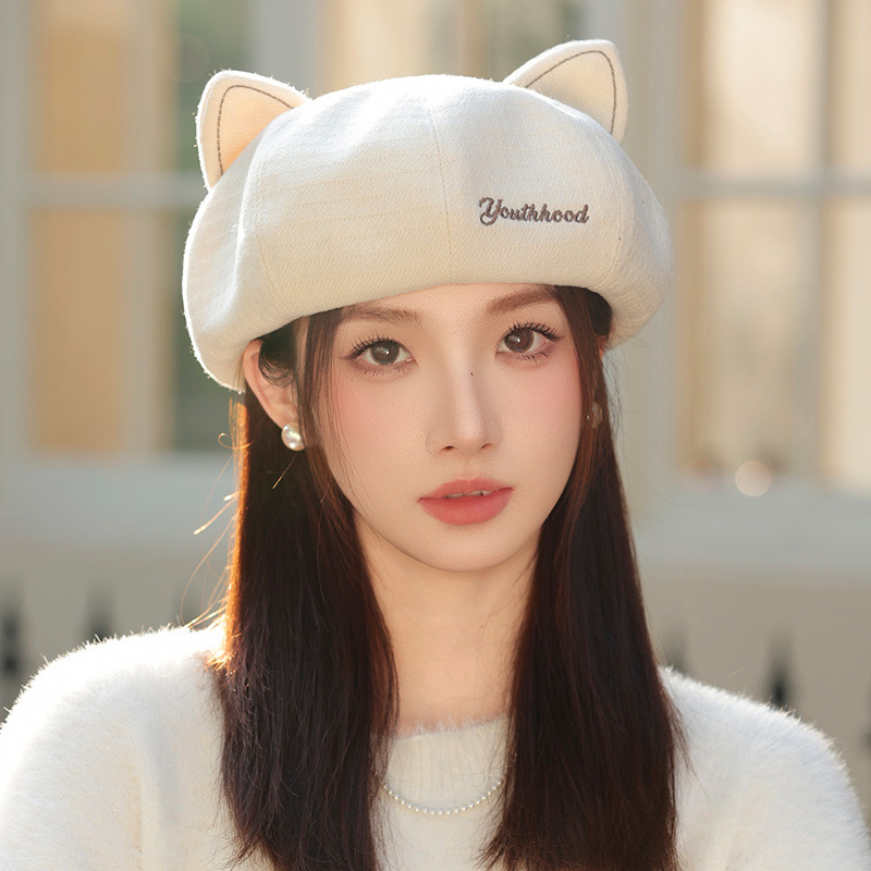 韩系复古可爱猫耳朵贝雷帽春秋新款休闲百搭画家帽防风保暖帽子女|undefined