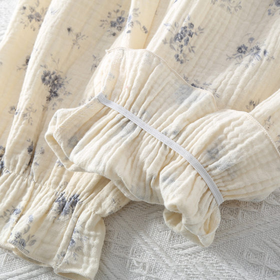 Spring and autumn sweet lace floral cotton double-layer gauze long sleeve women's summer thin soft home suit wholesale