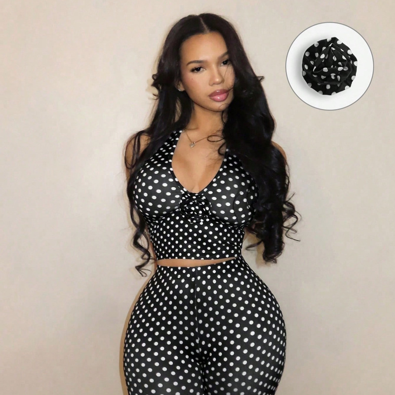 European and American Cross-Border Foreign Trade New Women's Clothing Sexy Black and White Polka Dot Rose Flower Fashion Set