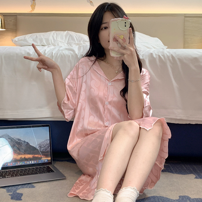 2023 camisón de seda de hielo Jacquard de verano de las mujeres de manga corta delgada cardigan casual simple solapa de seda ropa para el hogar vestido