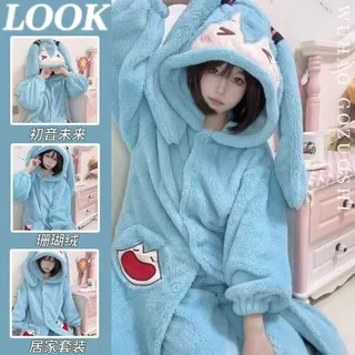 跨境初音未来珊瑚绒睡袍冬季新款加厚浴袍可爱卡通保暖家居服睡衣