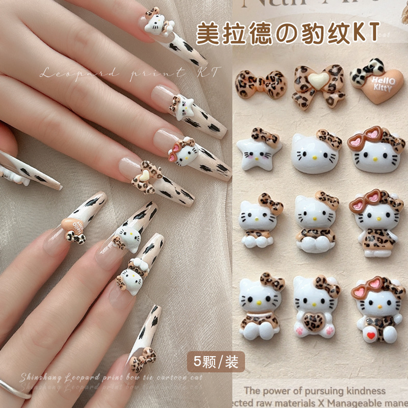 Leopard print kt cat nail art accessories new cute cartoon cat bow love wear nail drill network popular explosions
