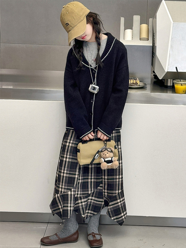女童巨好看套装哈喽kitty猫针织开衫格子裙2025秋季新款大童女装|undefined