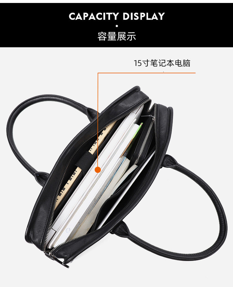 Túi xách tay nam da bò lớp đầu 38×8×28 cm, túi công sở đựng laptop 14 inch, đeo chéo tiện lợi — Màu Đen thuộc da bình thường bên trong màu đen, Màu đen cây cao, Lớp lót nỉ flannel cao cấp cầm tay màu đen chi tiết 9
