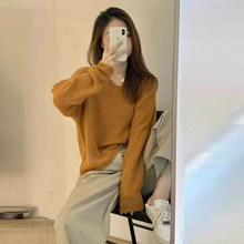 慵懒风橘色V领针织衫女冬温柔风软糯马海毛上衣宽松显瘦套头毛衣